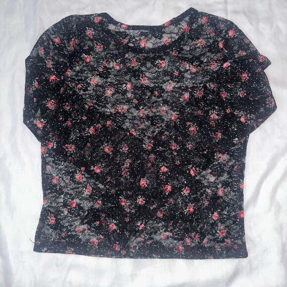 Y2K Madden Girl Black Floral Lace Long Sleeve Sheer Babydoll Coquette Tee - Picture 6 of 6